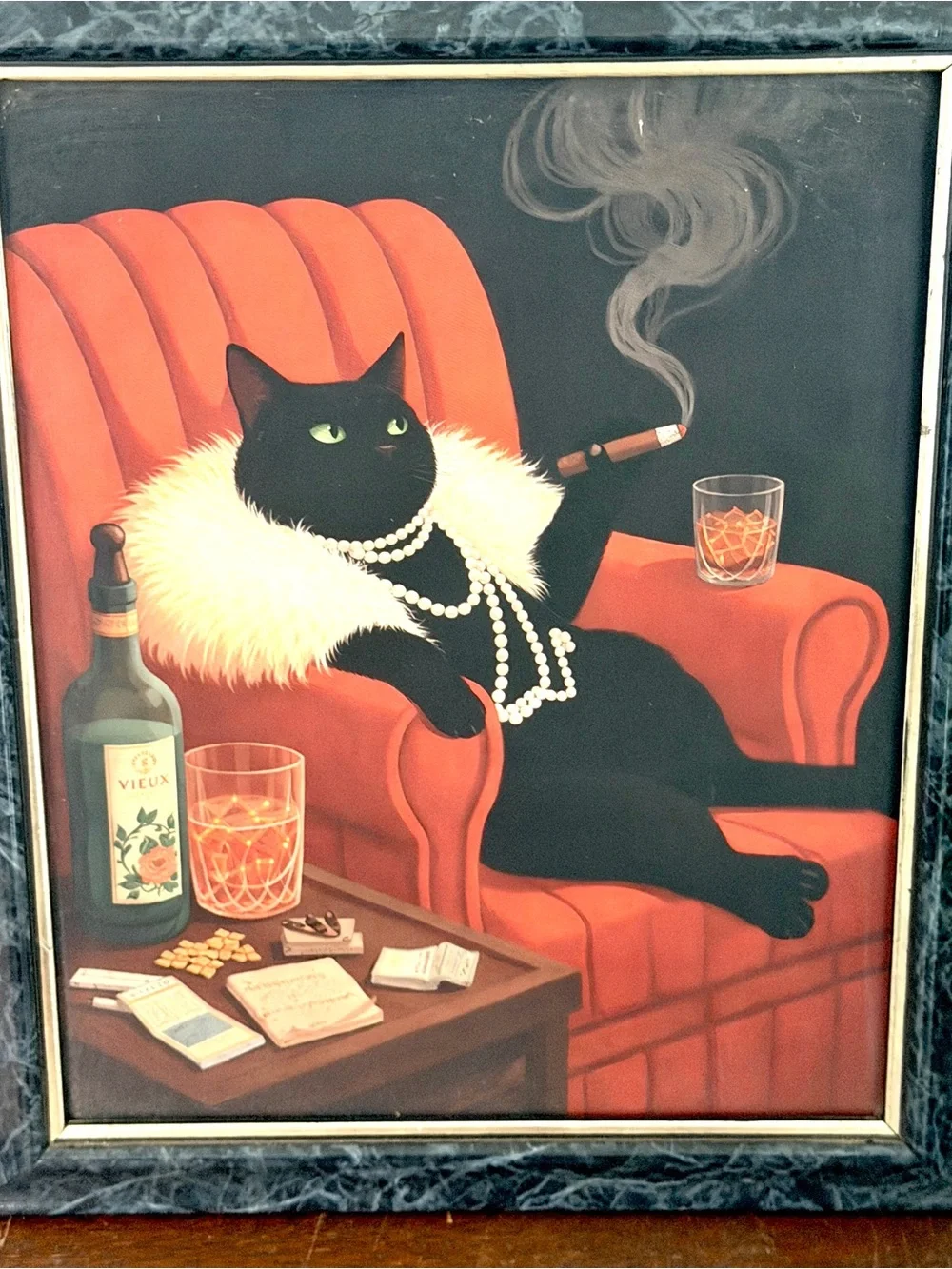 Fancy Fat Black Cat Smoking Cigar Drinking Whiskey Quirky Wall Art Framed Art